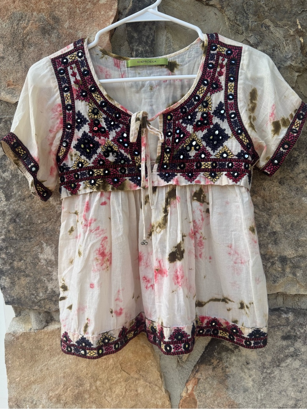 Boho Tie-Dye Ivory Tie-Front Embroidered Peasant Blouse Rapsodia Medium Cotton